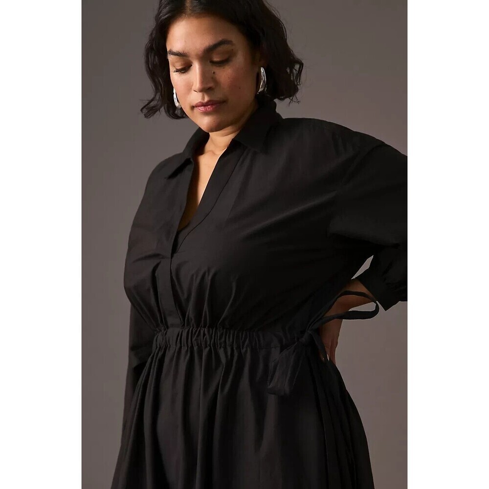 Anthropologie Maeve Clinched Shirt Dress Maxi Black Size Large Flowy Minimalist - Picture 2 of 11